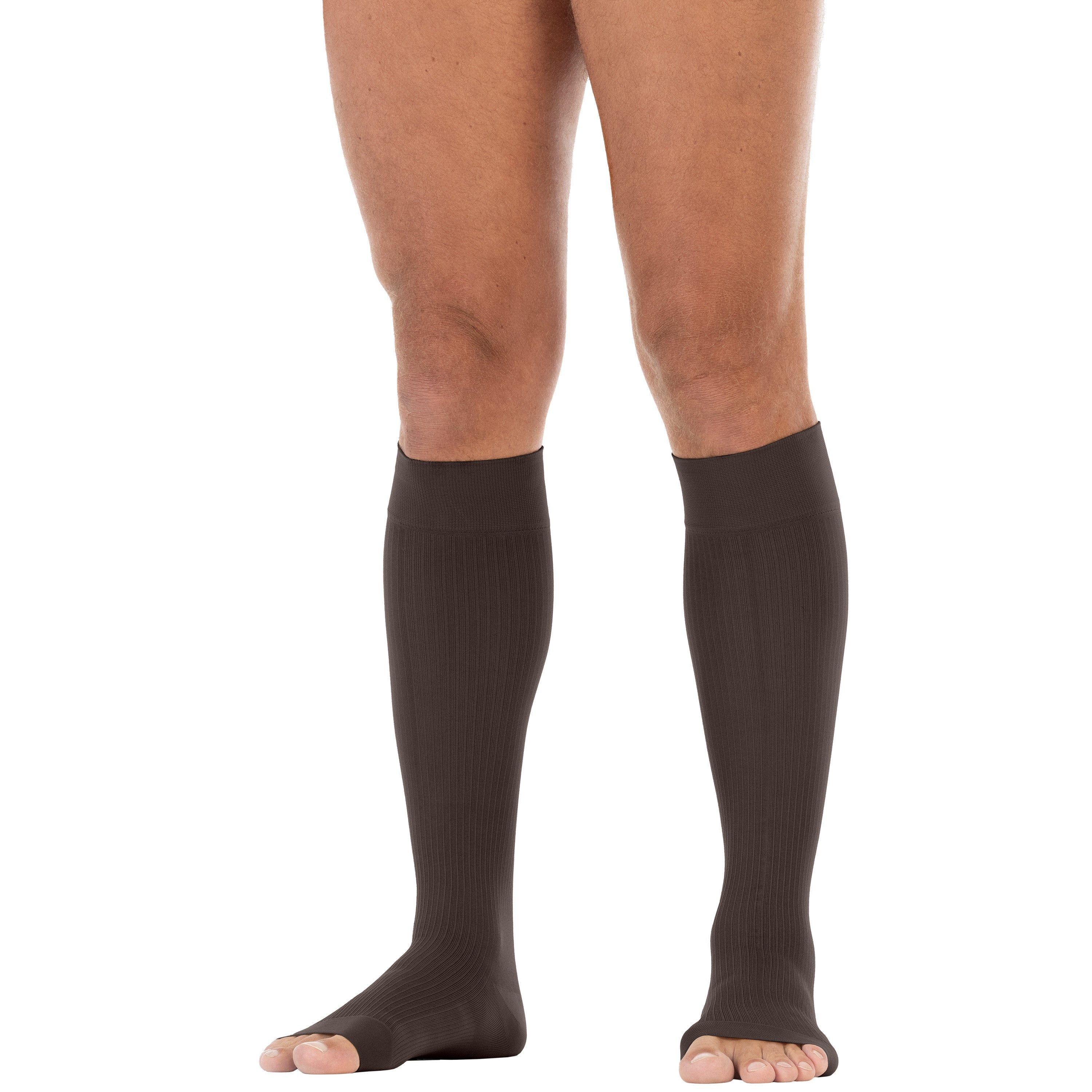 Brown knee-high socks worn by a person on a white background